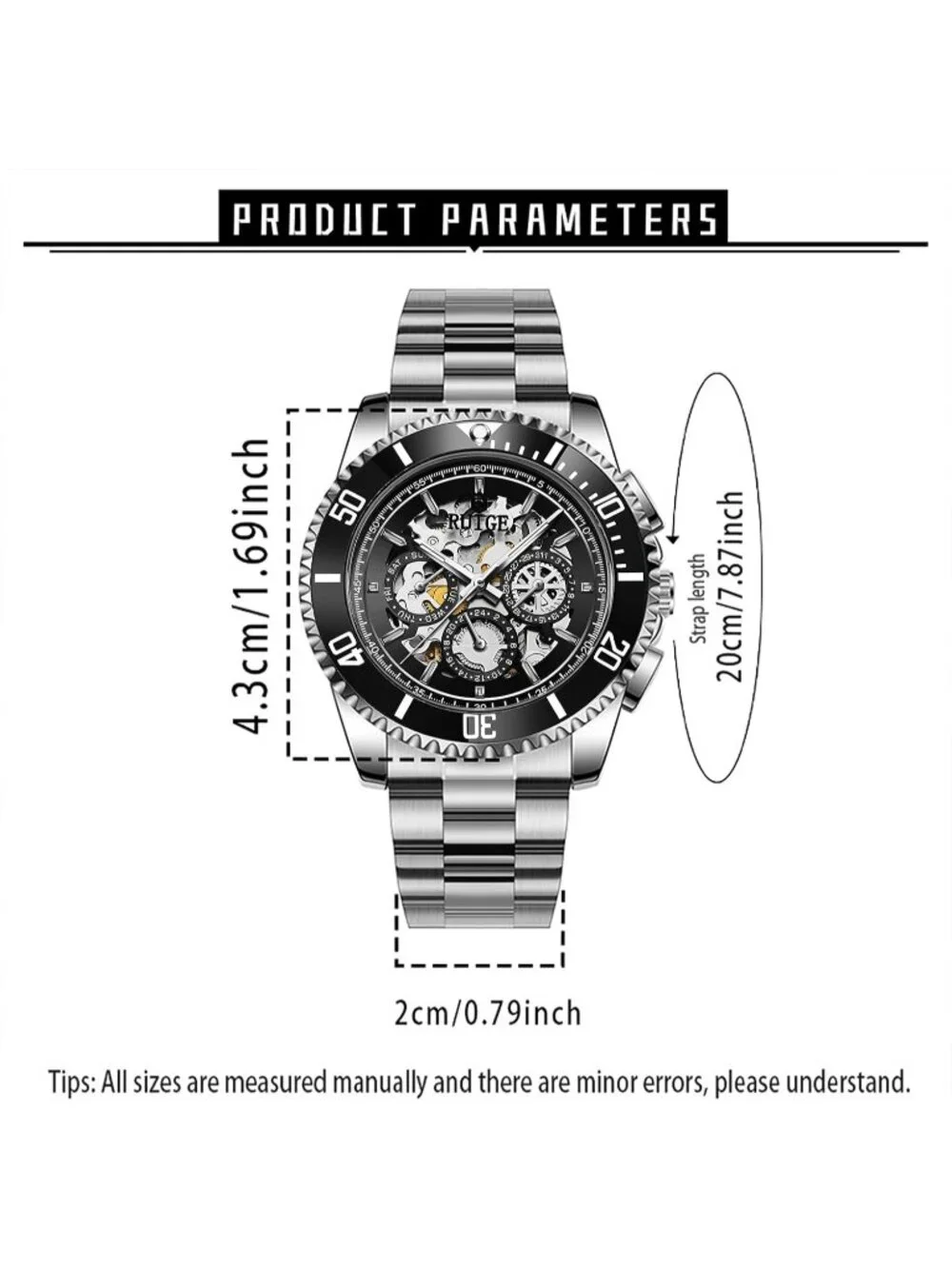 Men's Black Automatic Skeleton 43mm Mechanical Luminous Stainless Steel Watch